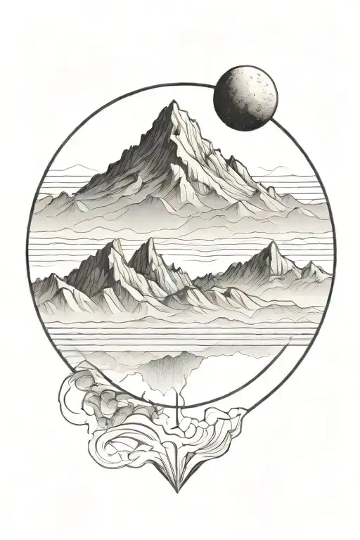 moon and mauntain with long straight lines surrounding tattoo design idea