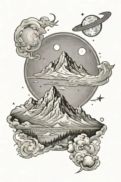 single mountain and large moon surrounded the gemini constillation faded into the background tattoo design idea
