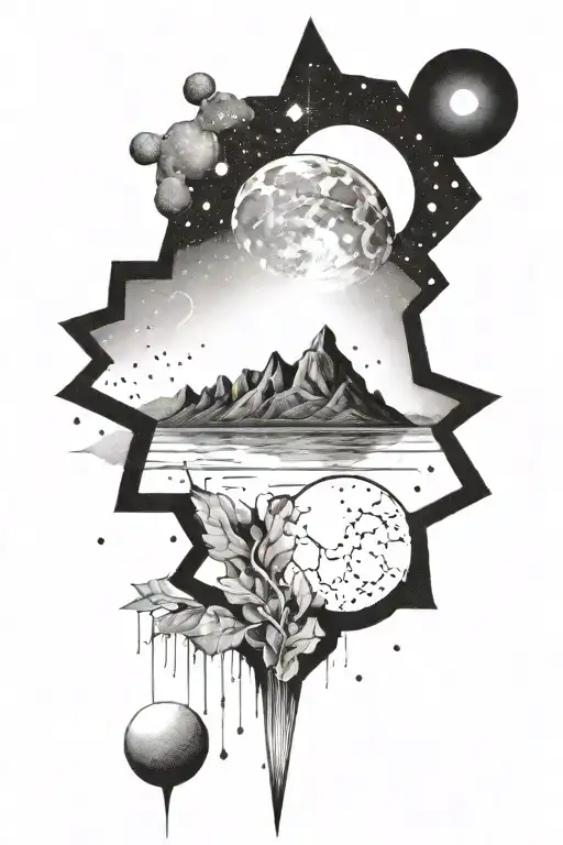 moon and a single small mountain and gemini constillation tattoo design idea