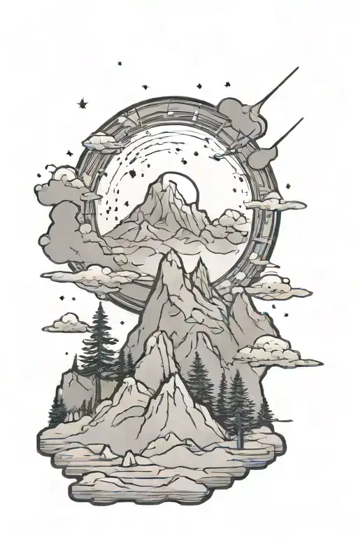 single mountain and large moon surrounded the gemini constillation faded into the background tattoo design idea