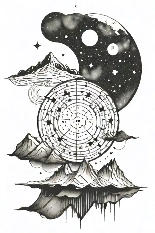 moon and a single mountain with gemini constellation  tattoo design idea