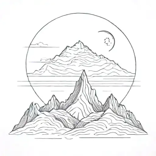 A minimalist tattoo design of a crescent moon rising over a jagged mountain peak, with straight lines representing the engineer's precision and attention to detail tattoo design idea