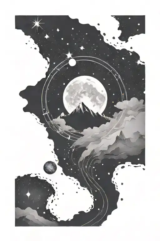 moon and a single mountain with gemini constellation  tattoo design idea