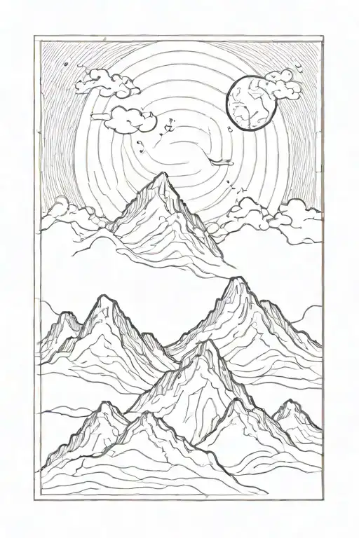 single mountain and moon surrounded by straight vertical lines tattoo design idea