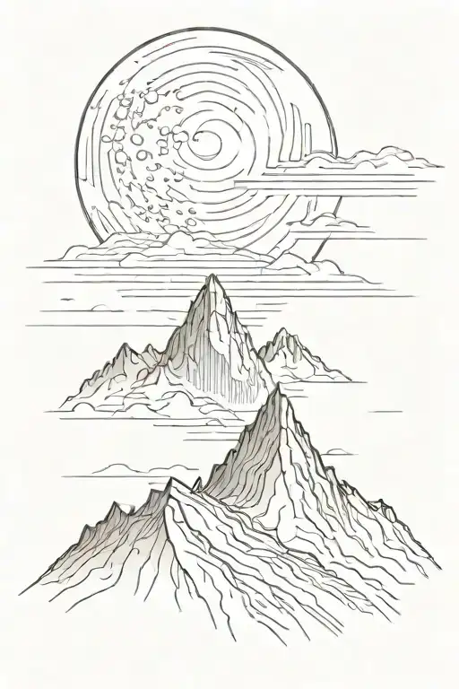 single mountain and moon surrounded by straight vertical lines tattoo design idea