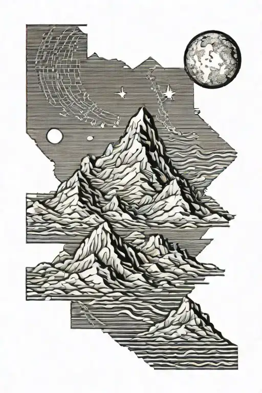 single mountain and moon surrounded by straight vertical lines and the gemini constillation  tattoo design idea
