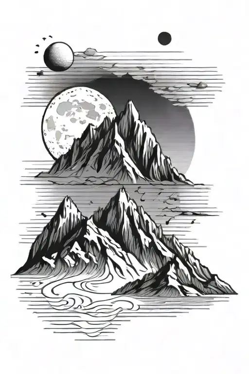 mountain and moon surrounded by straight vertical lines tattoo design idea