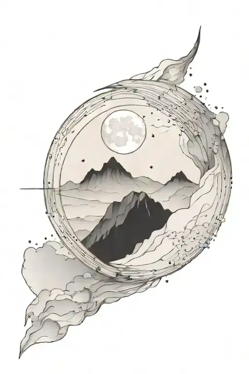 moon and a single mountain with gemini constellation  tattoo design idea