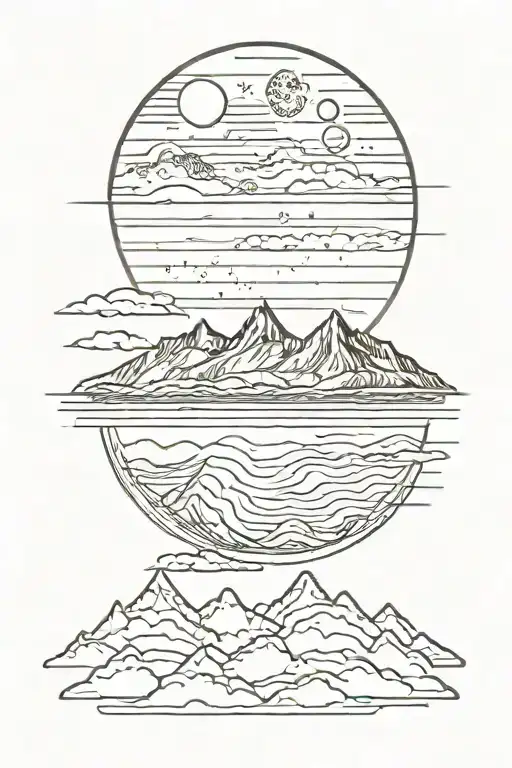 moon and mauntain with long straight lines above and below tattoo design idea