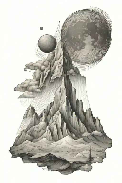 single mountain and moon surrounded by straight vertical lines and the gemini constillation  tattoo design idea