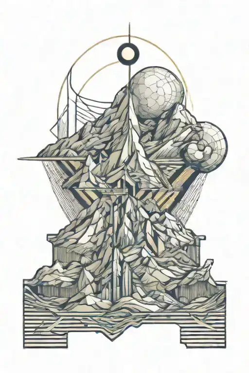 single mountain and moon surrounded by straight vertical lines and the gemini constillation  tattoo design idea