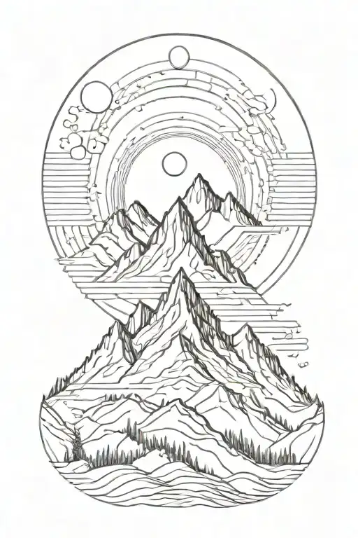 single mountain and moon surrounded by straight vertical lines tattoo design idea