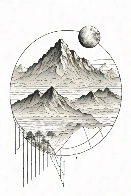 moon and mauntain with long straight lines above and below tattoo design idea