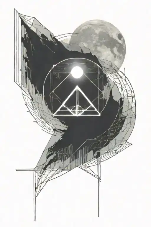 moon and mauntain with long straight lines above and below tattoo design idea