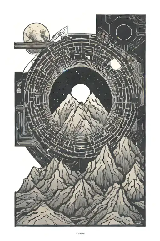 single mountain and moon surrounded by straight vertical lines and the gemini constillation  tattoo design idea