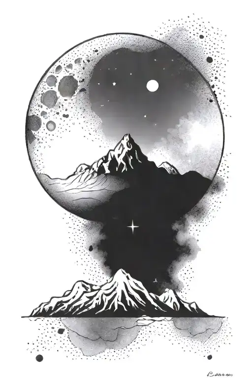 moon and a single small mountain and gemini constillation tattoo design idea