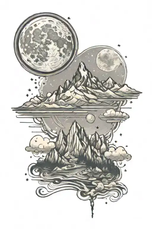 single mountain and large moon surrounded the gemini constillation faded into the background tattoo design idea