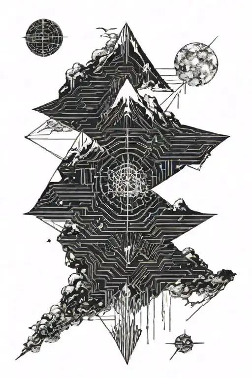 single mountain and moon surrounded by straight vertical lines and the gemini constillation  tattoo design idea