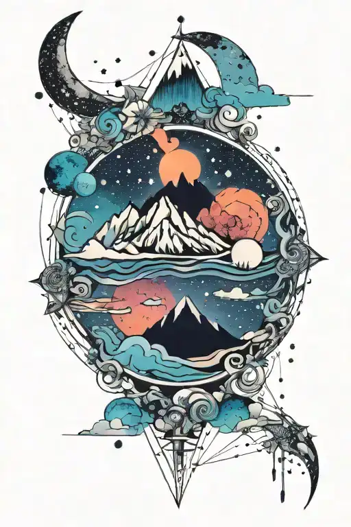 moon and a single mountain with gemini constellation  tattoo design idea