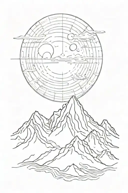 single mountain and moon surrounded by straight vertical lines tattoo design idea