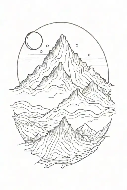 single mountain and moon surrounded by straight vertical lines tattoo design idea