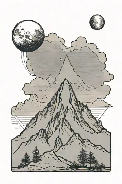 single mountain and moon surrounded by straight vertical lines tattoo design idea