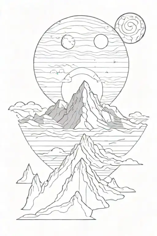 single mountain and moon surrounded by straight vertical lines tattoo design idea