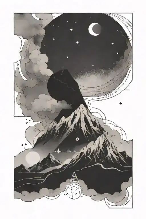 moon and a single mountain with gemini constellation  tattoo design idea