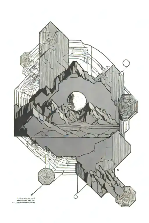 single mountain and moon surrounded by straight vertical lines and the gemini constillation  tattoo design idea