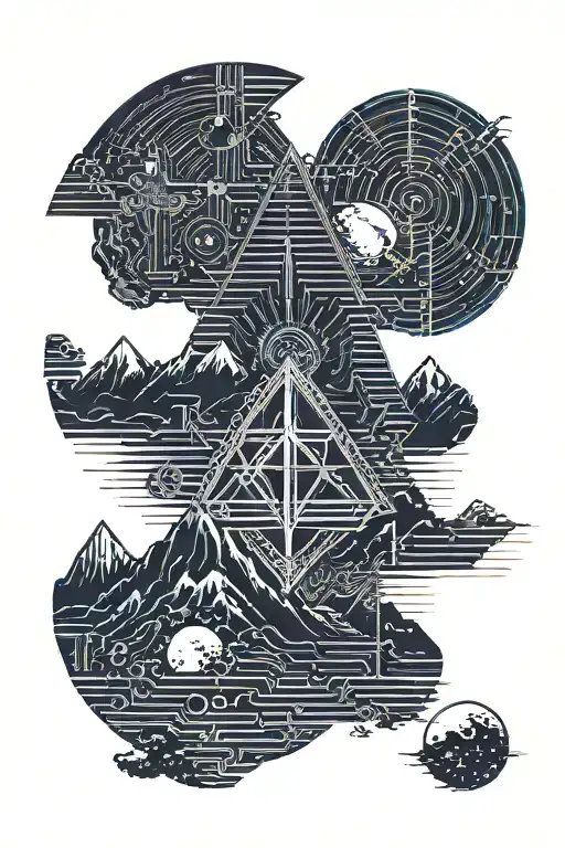 single mountain and moon surrounded by straight vertical lines and the gemini constillation  tattoo design idea
