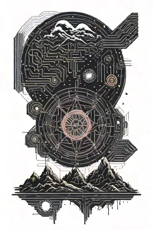 single mountain and moon surrounded by straight vertical lines and the gemini constillation  tattoo design idea