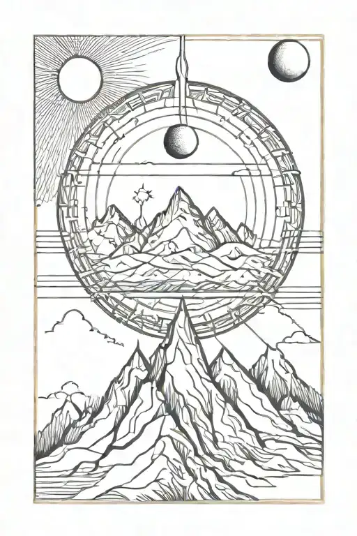 single mountain and moon surrounded by straight vertical lines tattoo design idea