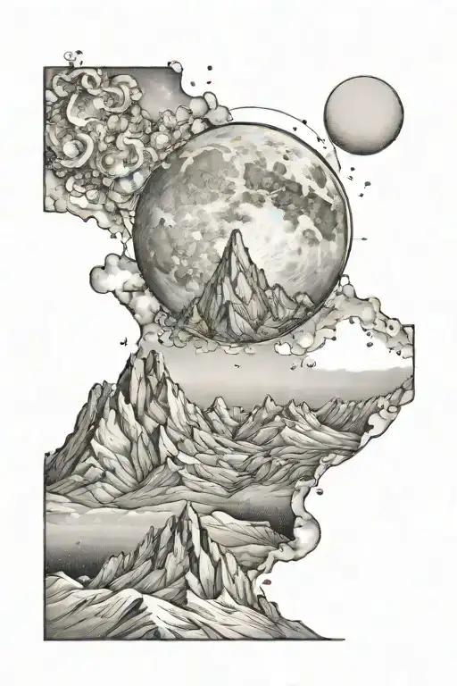 single mountain and large moon surrounded the gemini constillation faded into the background tattoo design idea