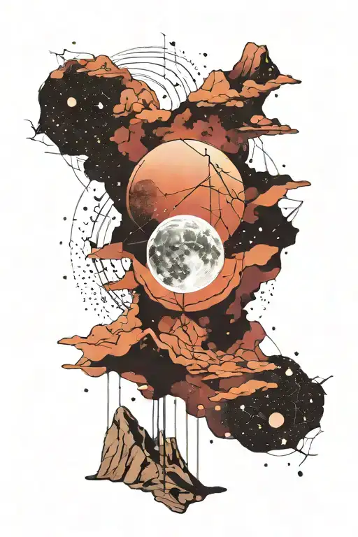 moon and a single mountain with gemini constellation  tattoo design idea