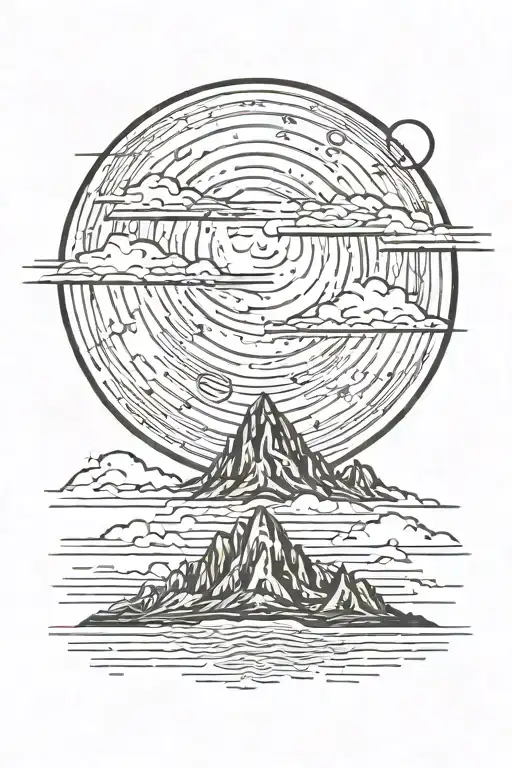 moon and mauntain with long straight lines above and below tattoo design idea