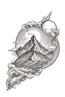 single mountain and large moon surrounded the gemini constillation faded into the background tattoo design idea