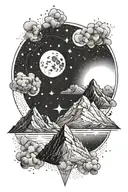 moon and small mountain and gemini constillation tattoo design idea