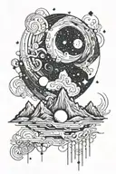 moon and a single mountain with gemini constellation  tattoo design idea