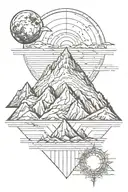 single mountain and moon surrounded by straight vertical lines tattoo design idea