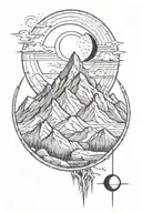single mountain and moon surrounded by straight vertical lines tattoo design idea