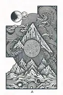 single mountain and moon surrounded by straight vertical lines and the gemini constillation  tattoo design idea