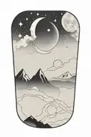 moon and a single mountain with gemini constellation  tattoo design idea