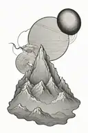single mountain and moon surrounded by straight vertical lines and the gemini constillation  tattoo design idea