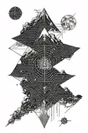 single mountain and moon surrounded by straight vertical lines and the gemini constillation  tattoo design idea