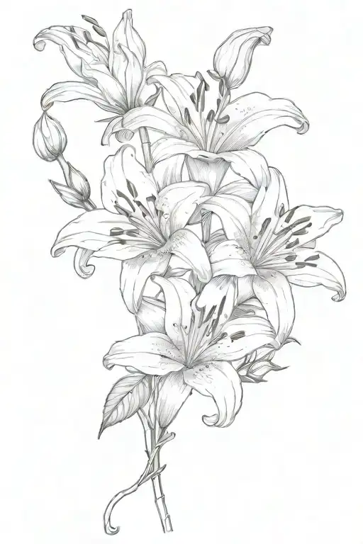 A surreal combination of lily flowers, honey suckle, and crisanthimus in a sketch style tattoo design idea