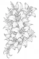 A surreal combination of lily flowers, honey suckle, and crisanthimus in a sketch style tattoo design idea