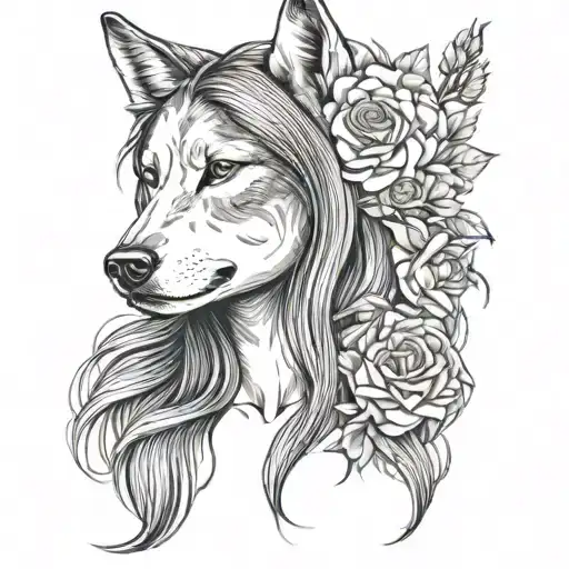 woman head with long hair wolf head and flower tattoo design idea