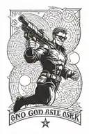 a tat of homelander shooting lasers with a qoute that says No God. The only man in the sky is me. tattoo design idea