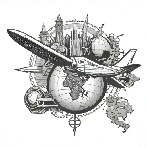 A Christian cross with a globe and airplane, representing your faith and passion for traveling as a flight attendant tattoo design idea
