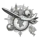 A Christian cross with a globe and airplane, representing your faith and passion for traveling as a flight attendant tattoo design idea